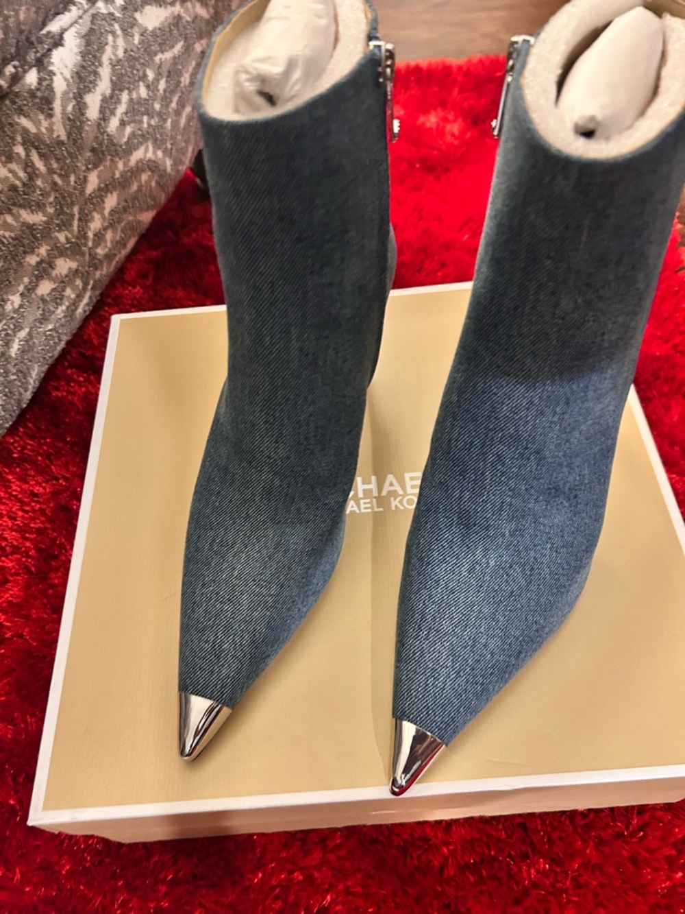 Michael Kors Denim Pointed Toe Stiletto Ankle Boots - Blue with Silver Cap - Picture 2 of 5